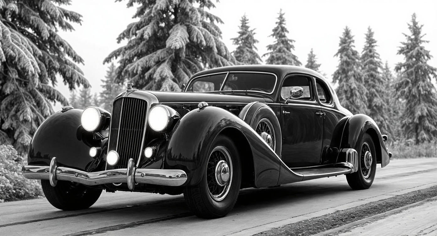1930s French Coupé on Snowy Road