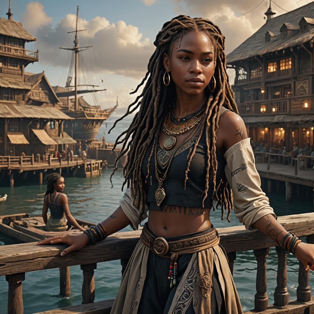 Teen Girl on Pier: Detailed Fantasy Concept Art