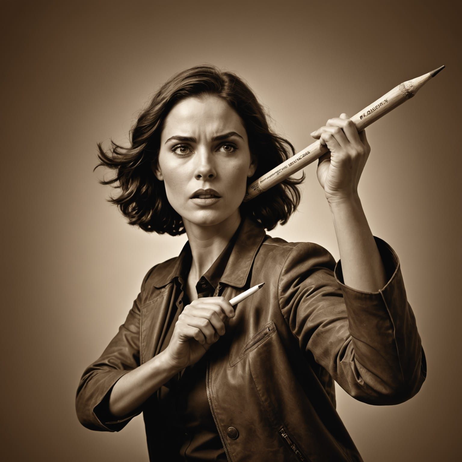 Woman Throws Giant Pencil Like Javelin - Vintage Sepia Portr...
