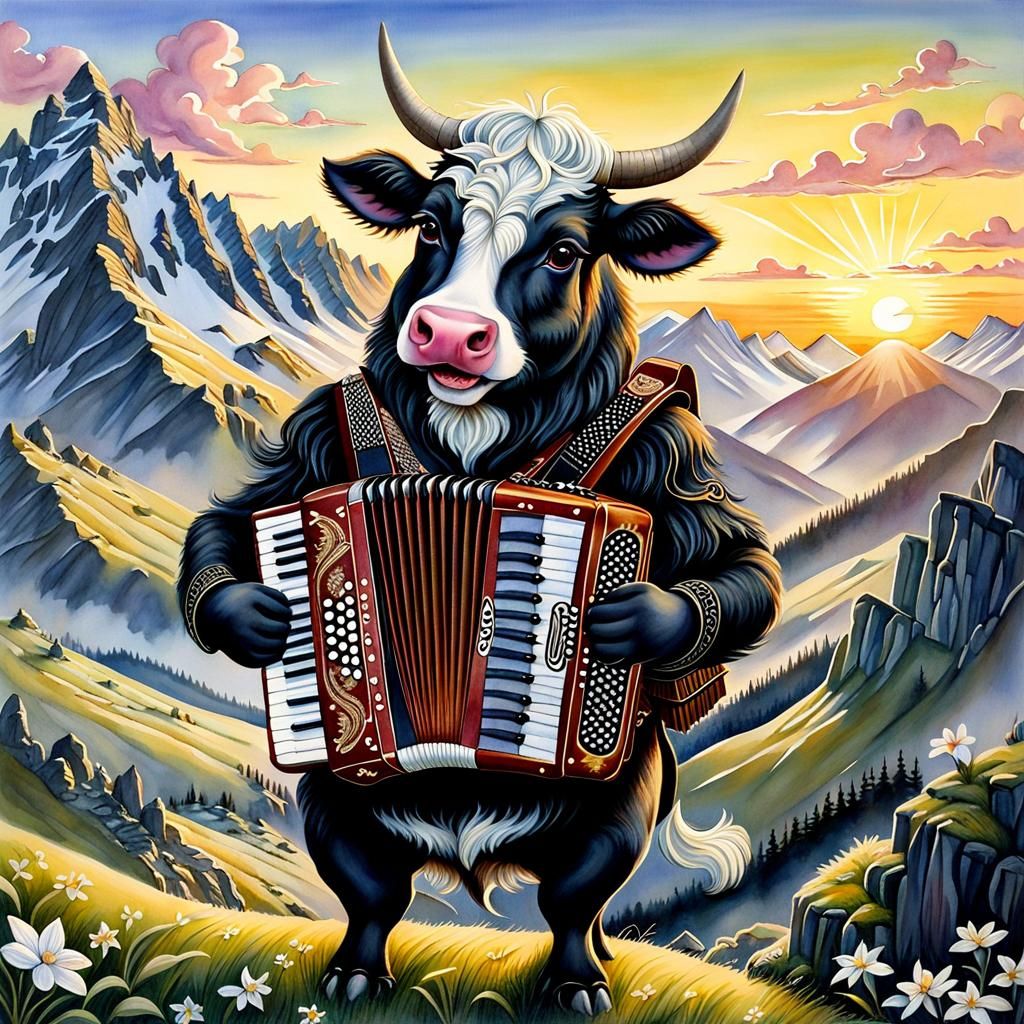 Anthropomorphic Cow Plays Accordion at Sunrise