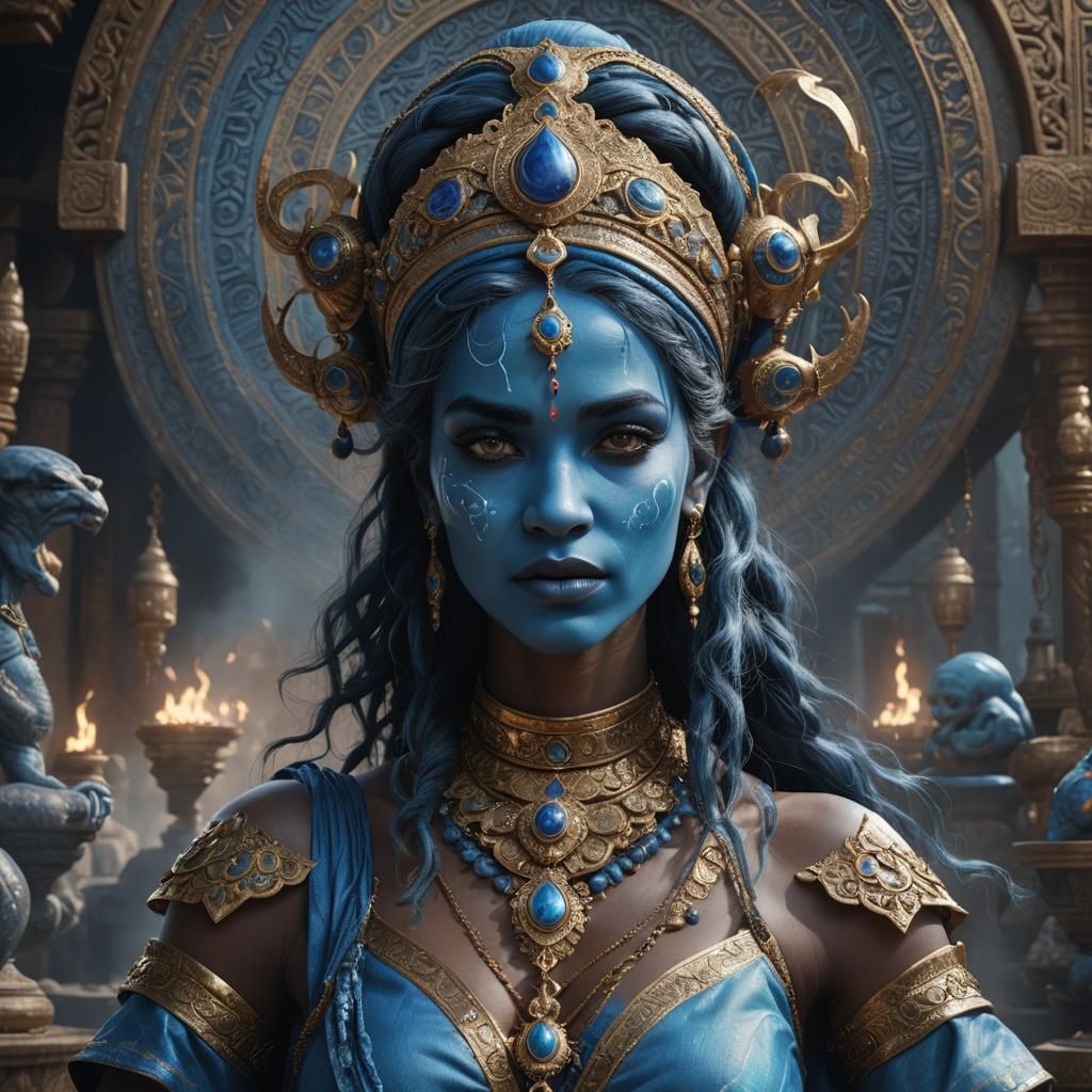 Blue-Skinned Genie in Hyperrealistic Portrait
