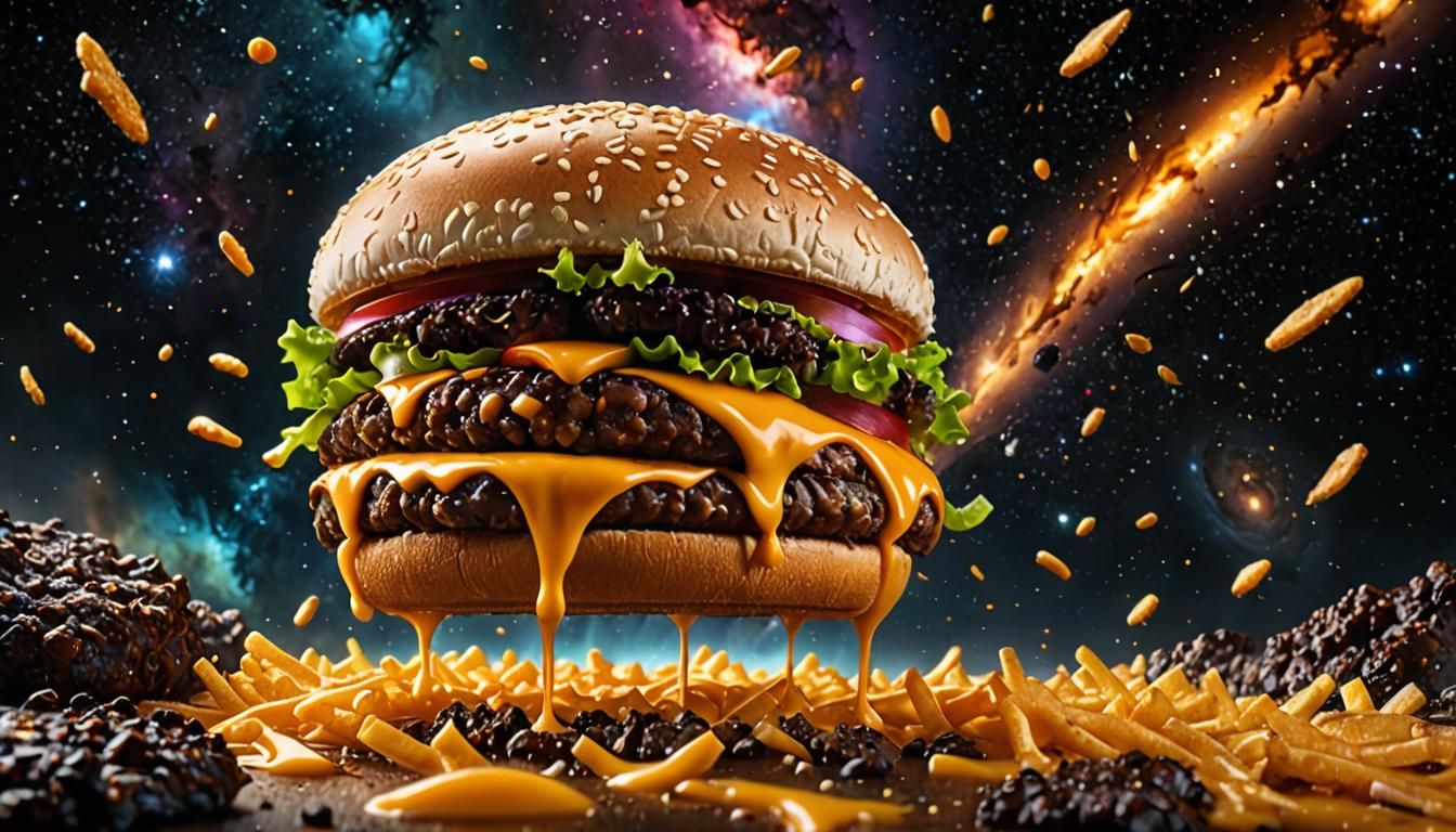 Cheeseburger Black Hole in Hyperrealistic Candy Art Style