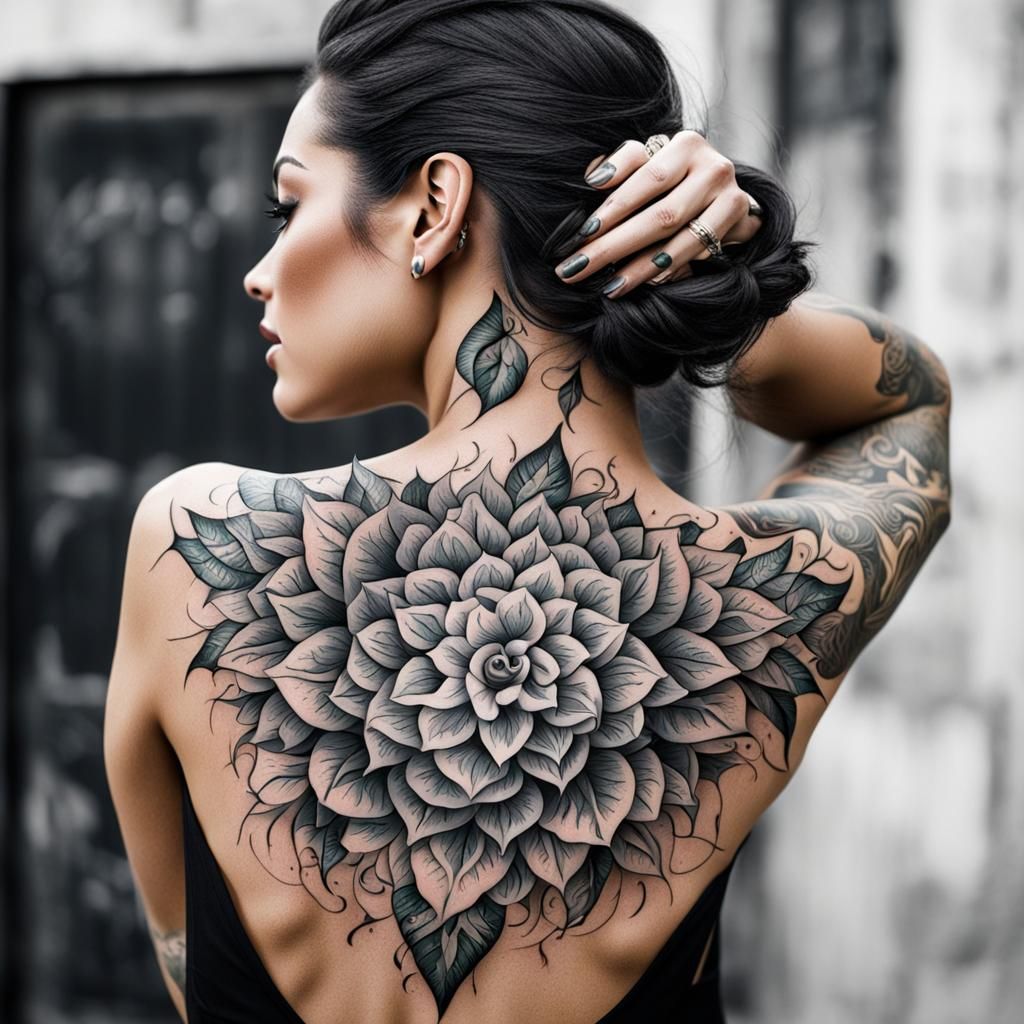 Woman with Detailed Back Tattoo