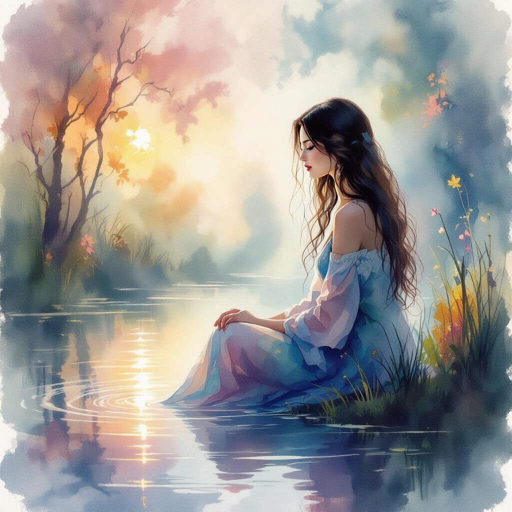 Serene Woman by Tranquil Pond in Alcohol Ink Style