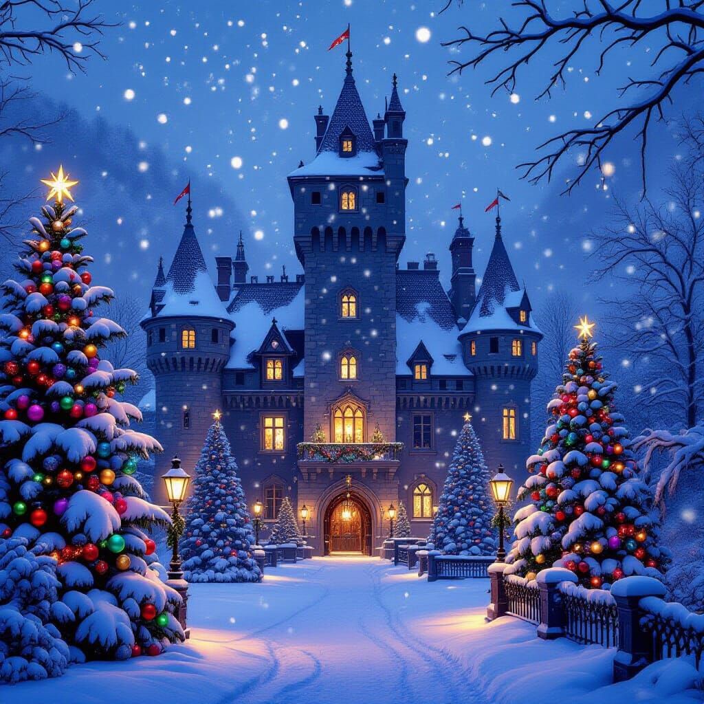 Magical Snowy Castle with Christmas Lights
