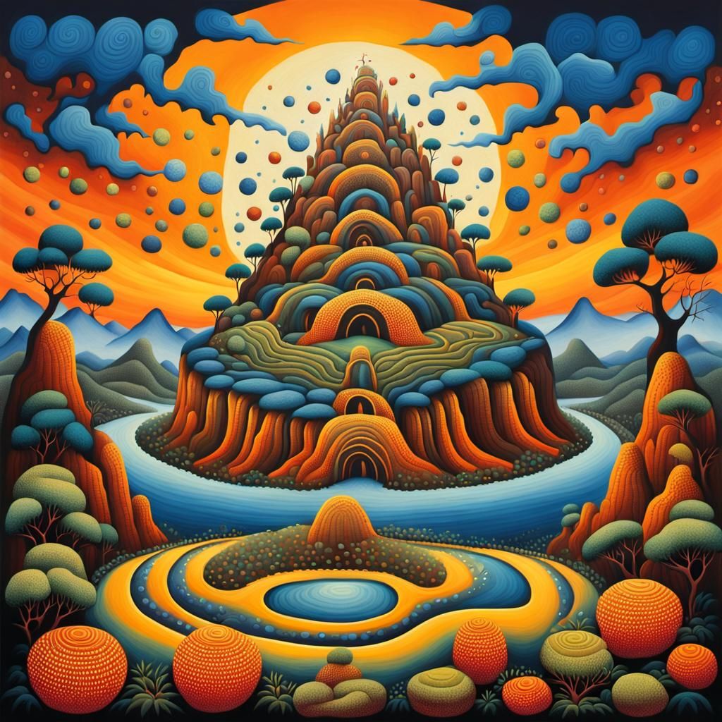 Surreal Landscape in Aboriginal Dot Painting Style