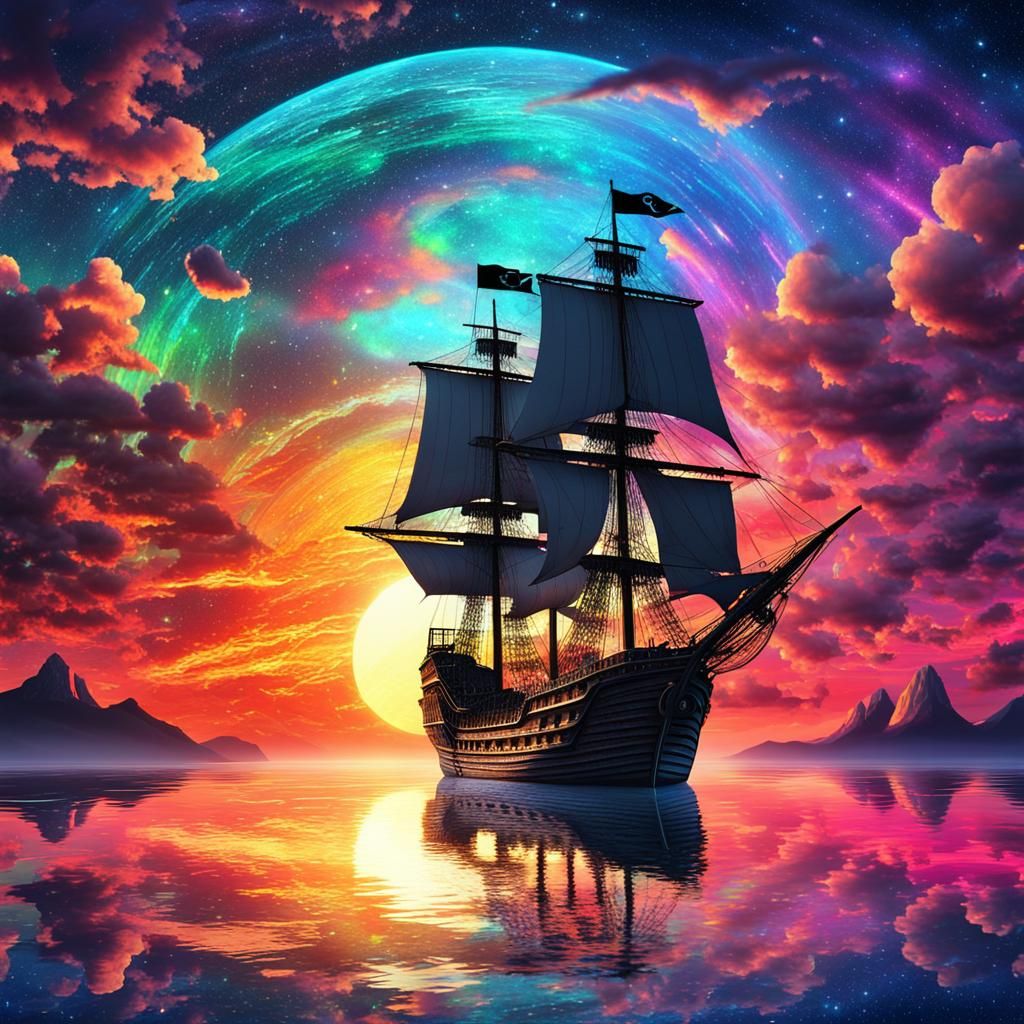 Pirate Ship Sails Toward Astral Sunset