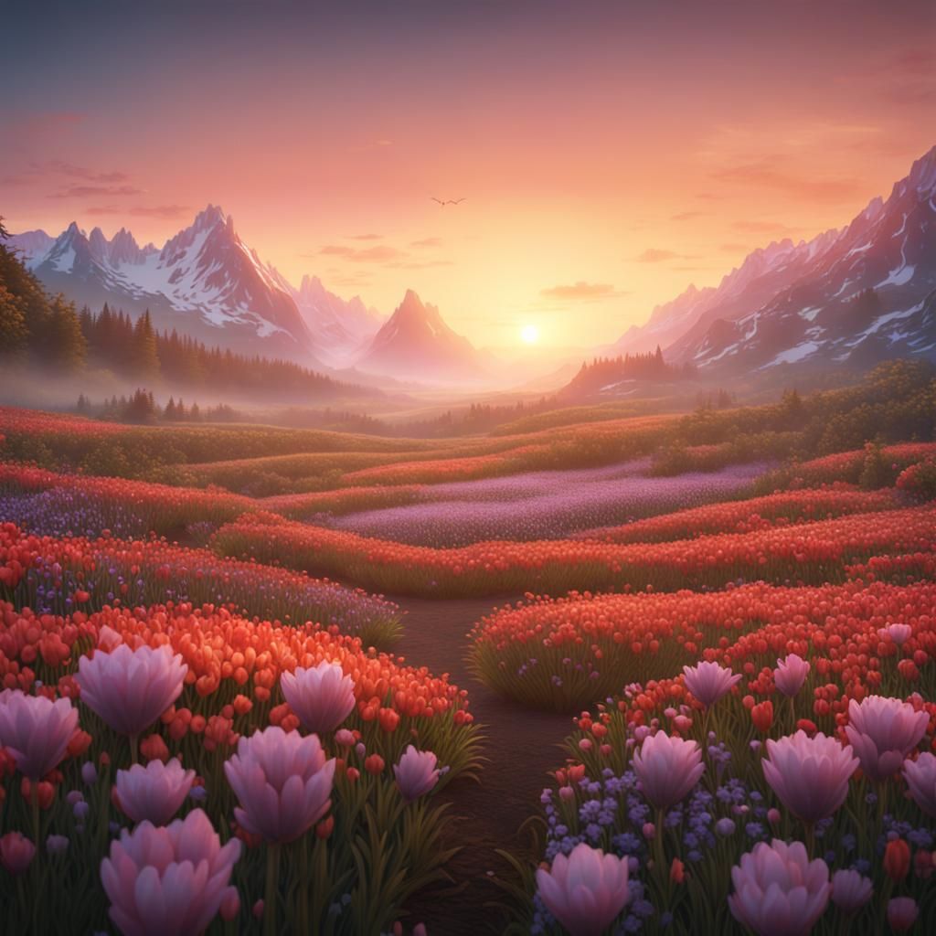 Sunrise Over Flower Field with Mountains