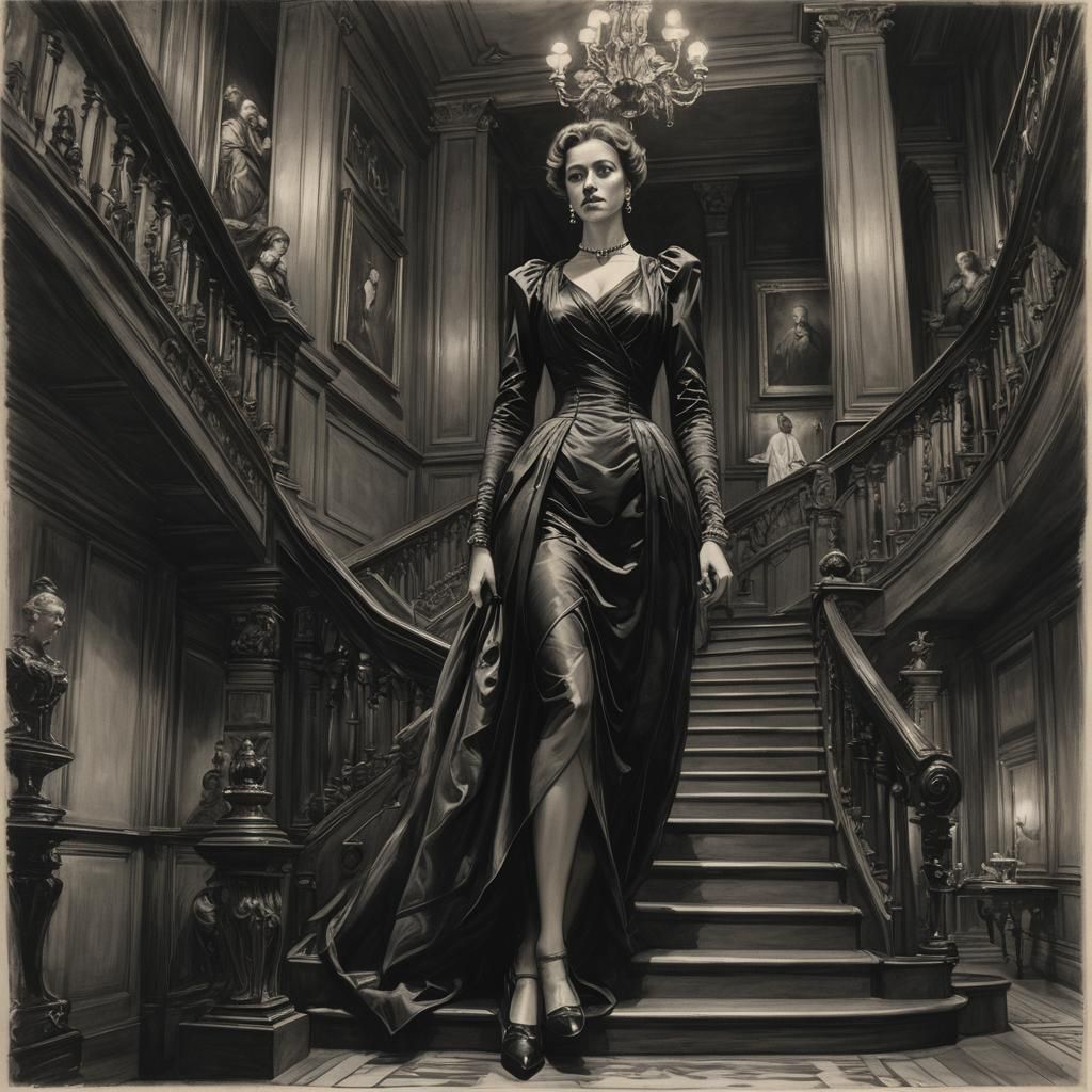 Opulent Staircase: Charcoal Drawing in Chiaroscuro Lighting
