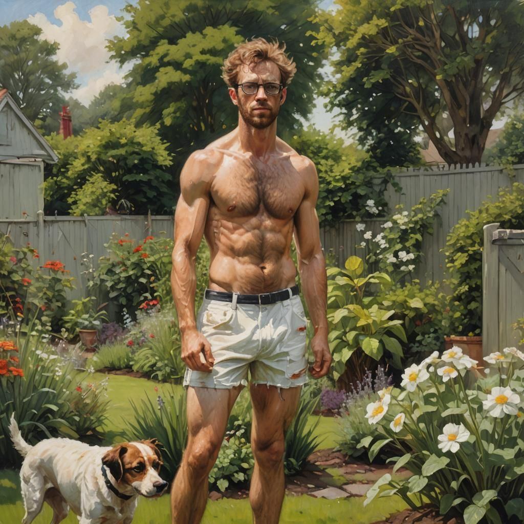 Irish Man and Dog in Garden Oil Painting