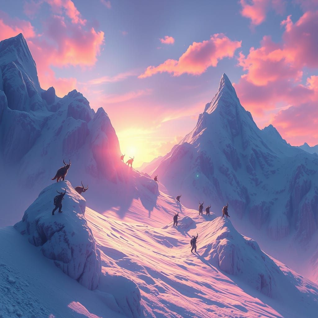 Fantastical Creatures in Neon-Lit Snowy Peaks