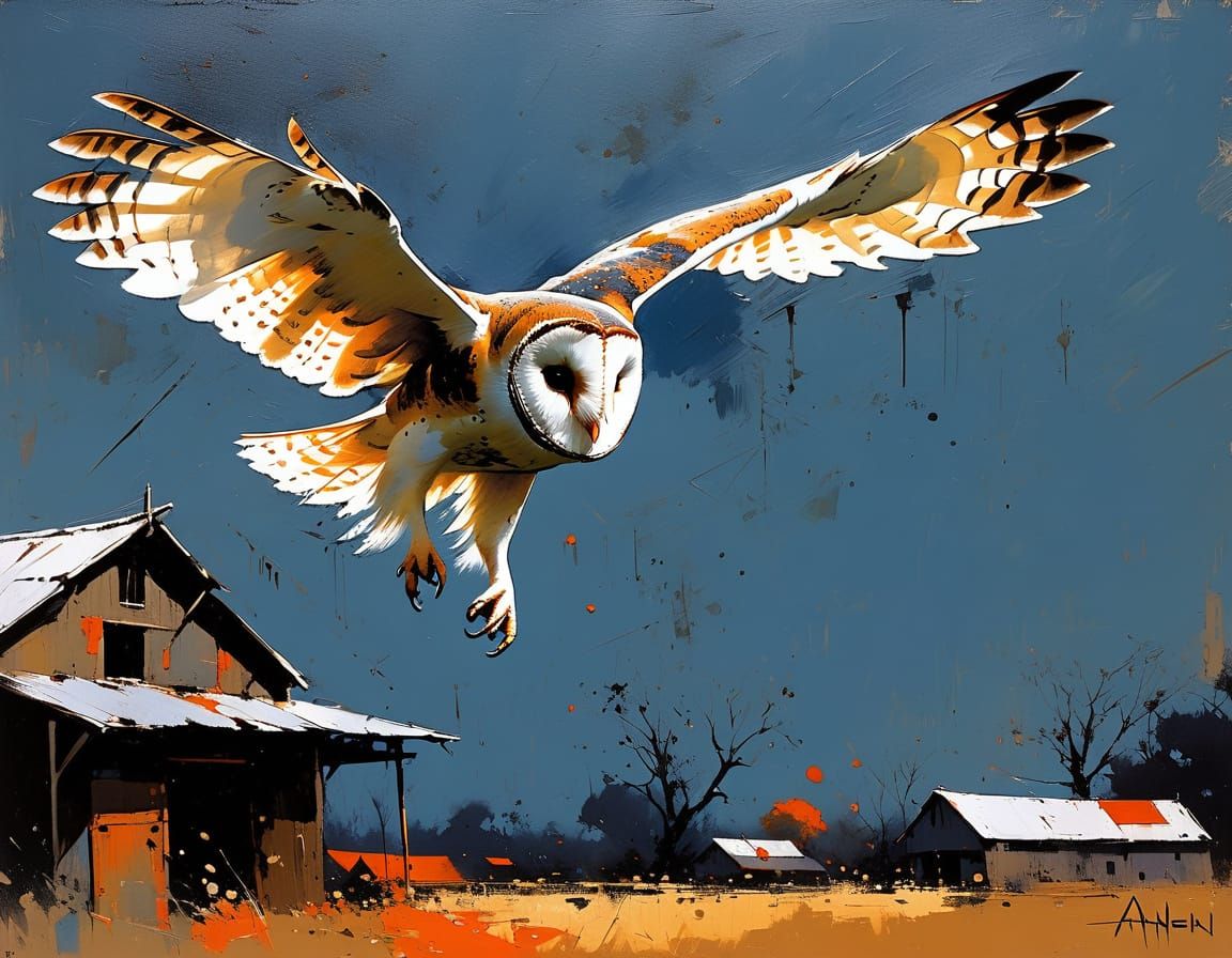 Ominous Midnight Barn Owl Flight in Chiaroscuro Style