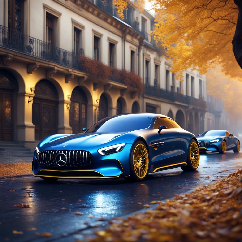 Mercedes-Benz Races Through Autumn Street: 8K Digital Art