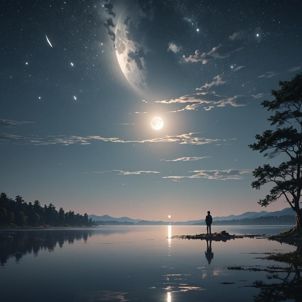 Moonlit Lake: Anime-Inspired Nocturnal Landscape