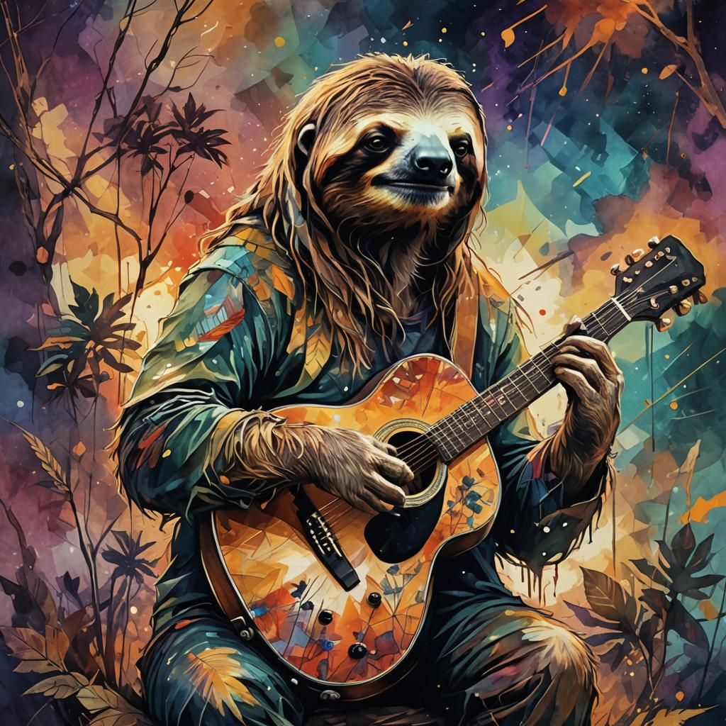 Sloth Guitarist: Acid Ink Illustration