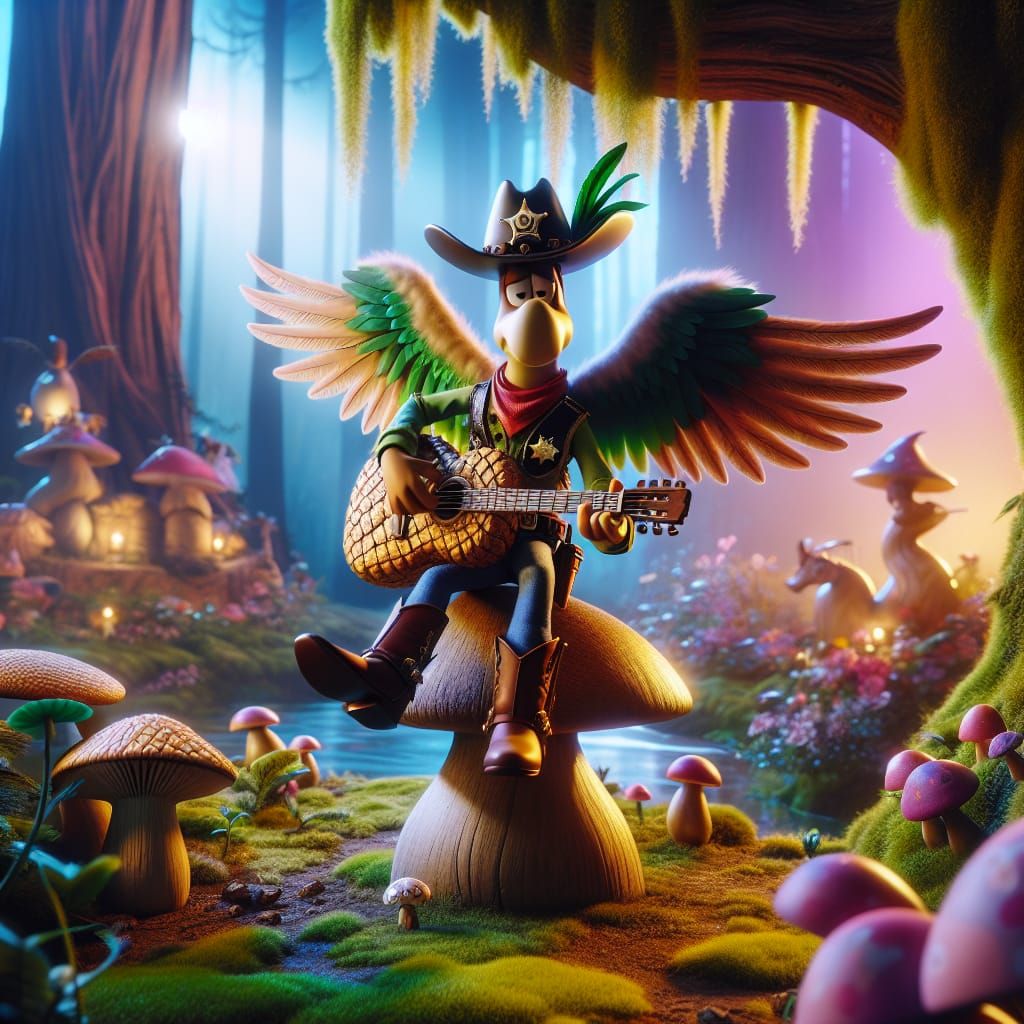 Whimsical Sheriff Playing Guitar in Fairytale Forest