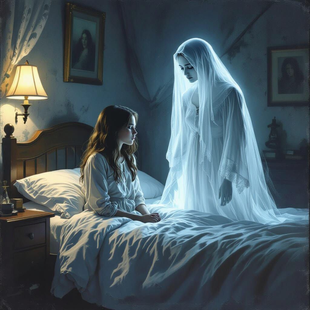 Victorian Ghost Comforts Troubled Descendant on Twin Bed