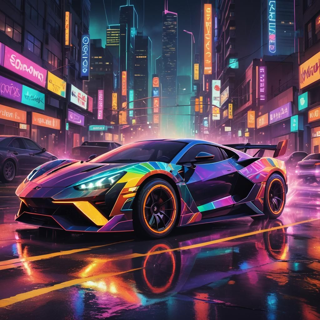 Rainbow Supercar Speeds Through Neon Cityscape