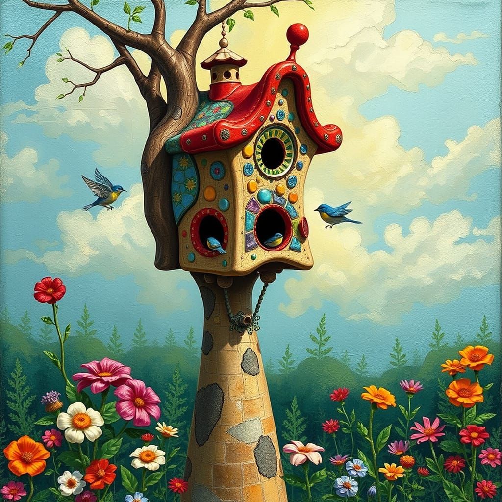 Gaudí-Inspired Birdhouse in Surrealist Garden