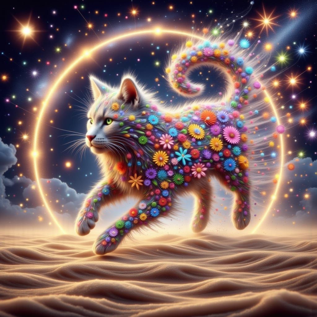 Windswept Zodiac Cat in Vibrant Floral Swirl