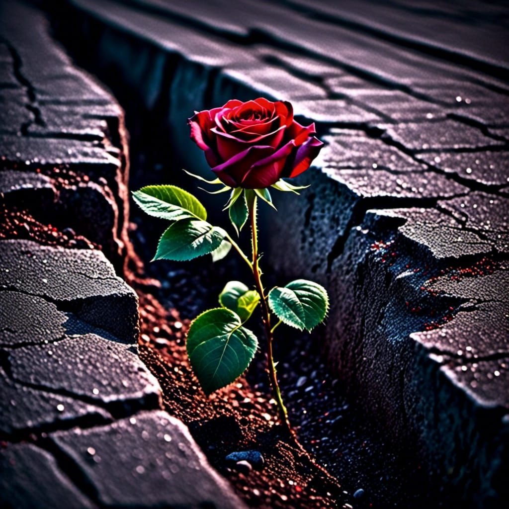 Rose Growing Through Concrete Sidewalk Cracks