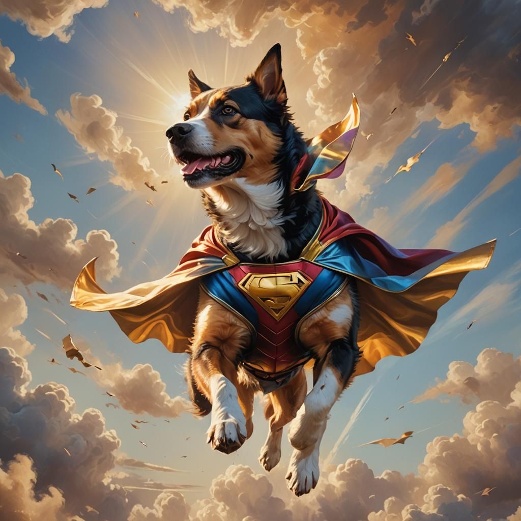 Superhero Dog Flies Through Sky: Hyperrealistic Oil Painting