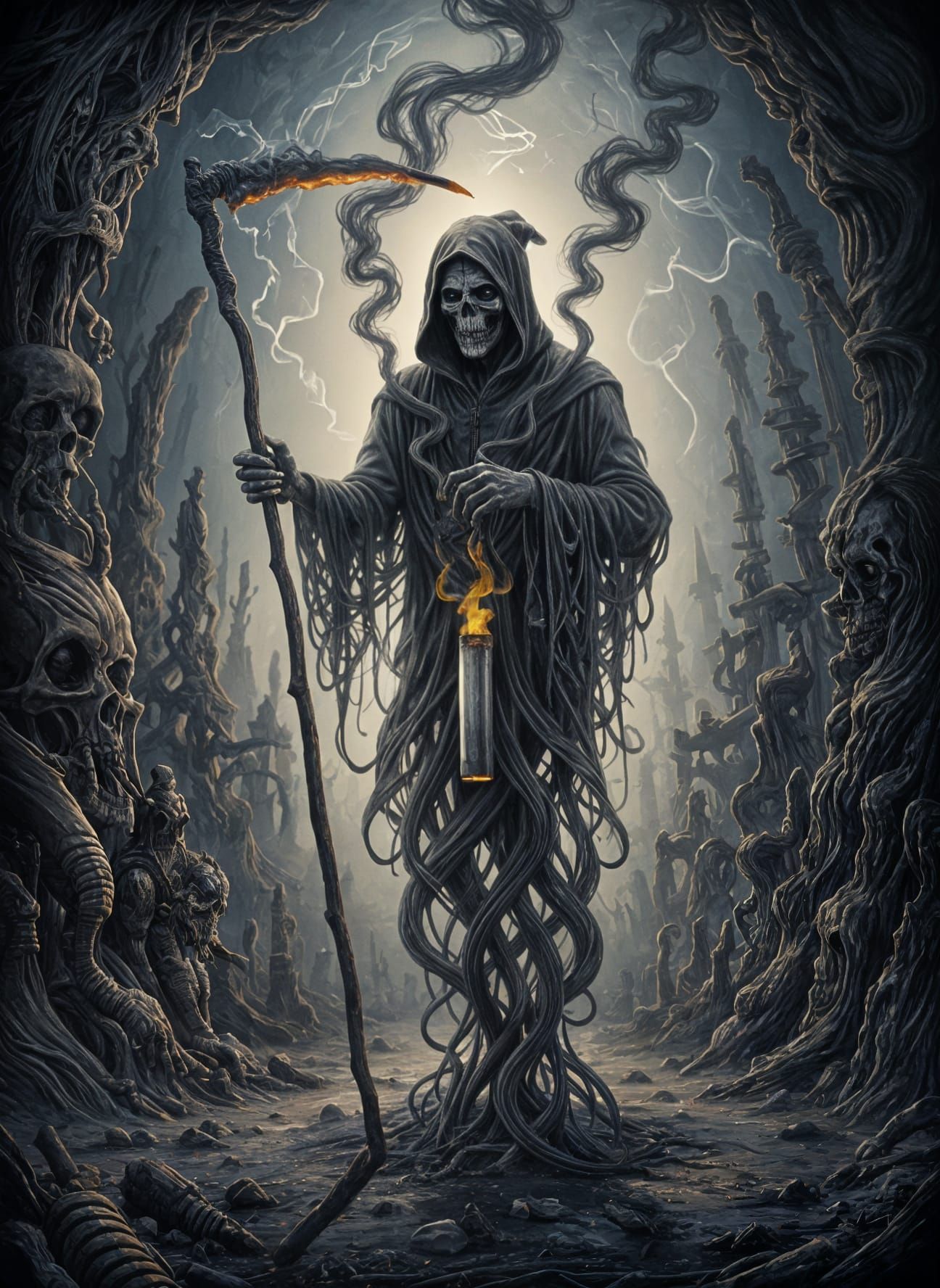 Grim Reaper Made of Smoke Over Burning Cigarette