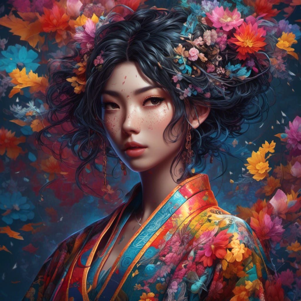 Colorful Tattooed Kimono Girl with Fractal Hair