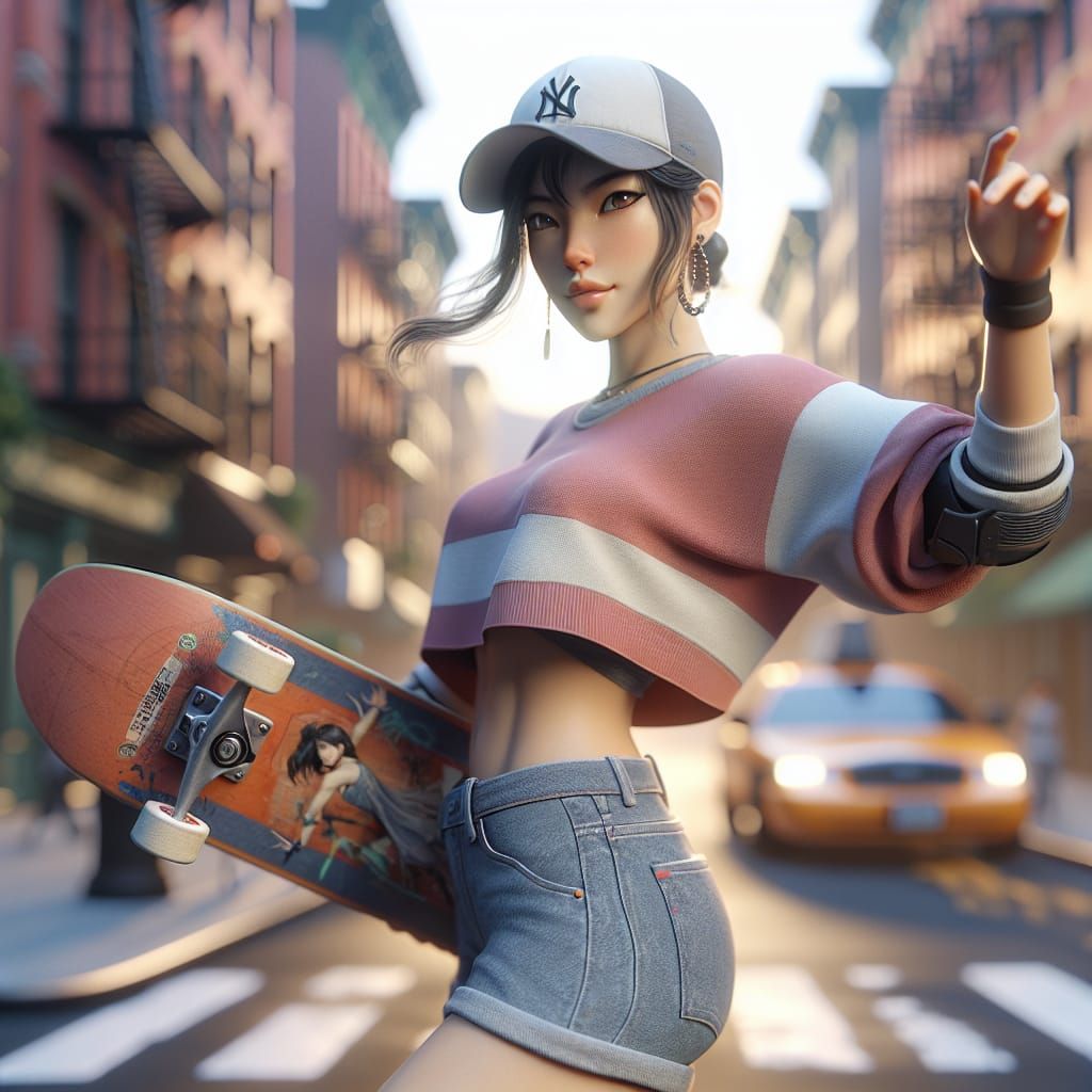 Hispanic Skater Girl in Anime-Style 3D Render