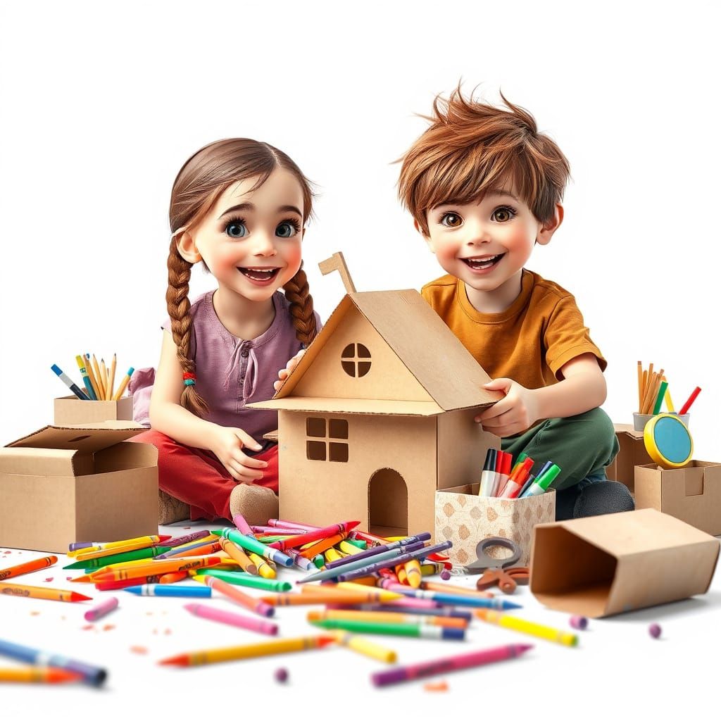 Whimsical Watercolor Scene of Happy Children Building with C...