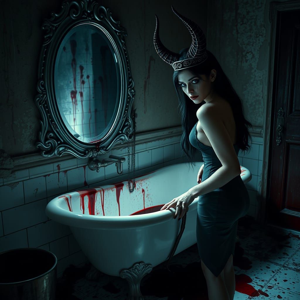 Sultry Devil Queen in Dark, Gothic Bathroom