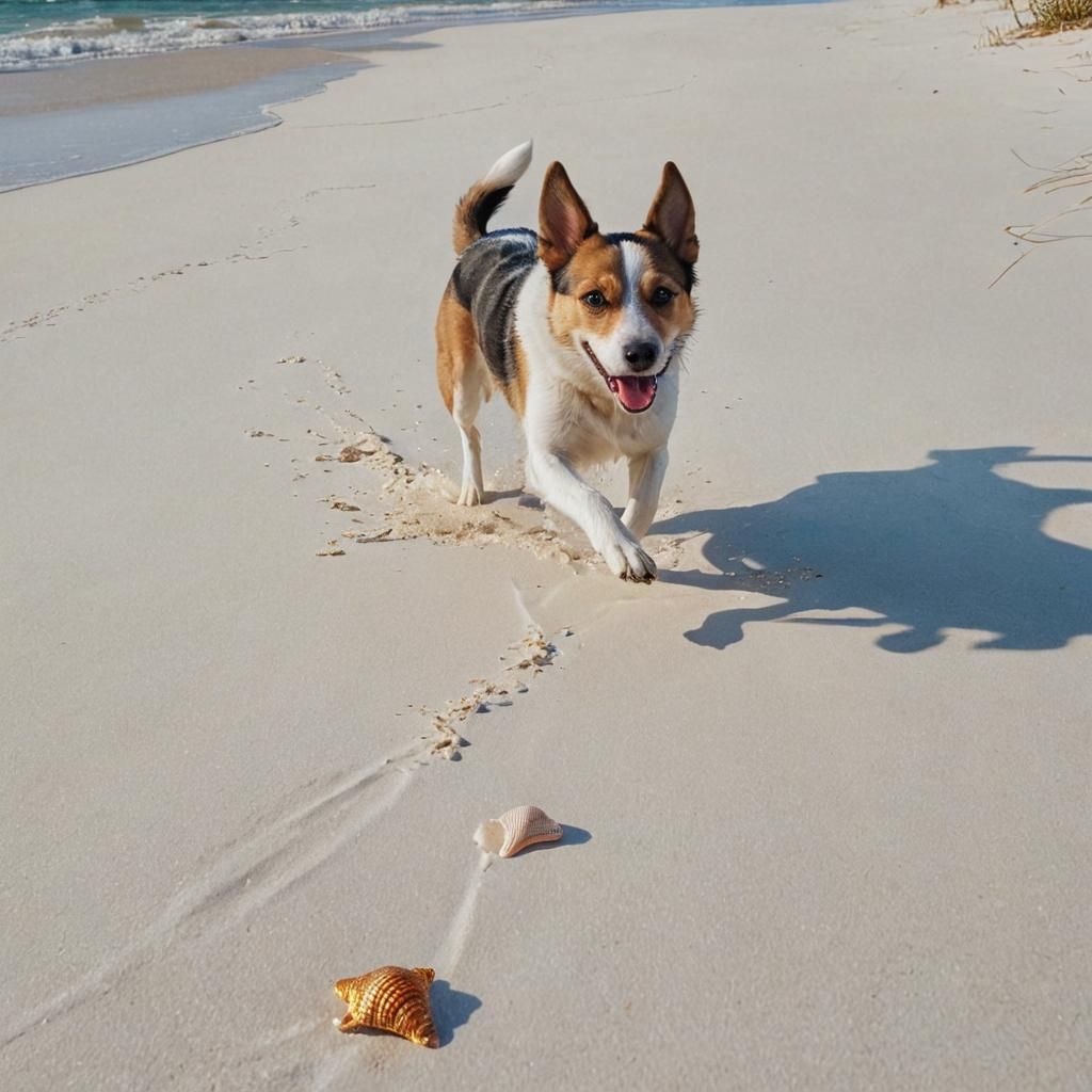 Dog Running on White Sand Beach in Oil Painting Style