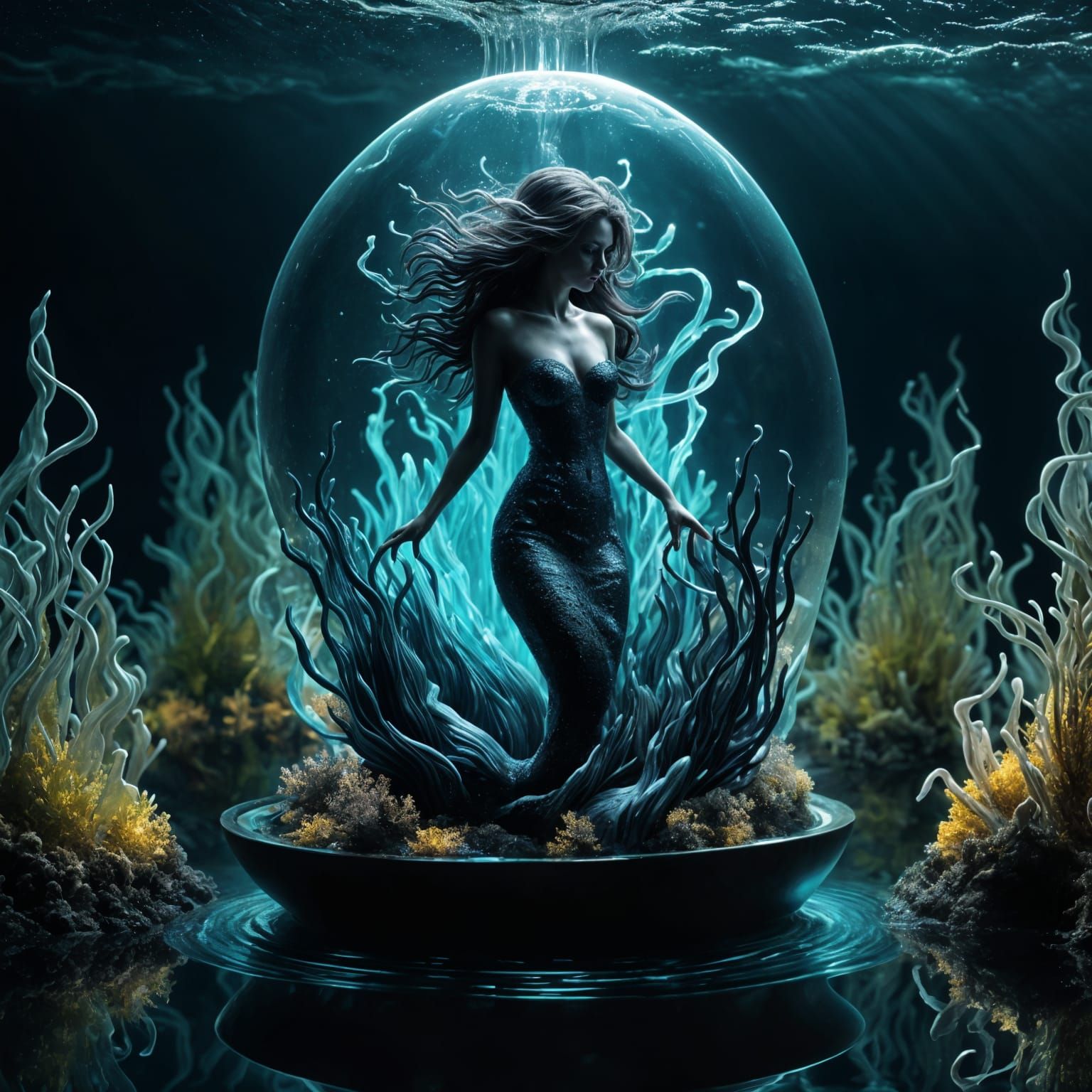 Surreal Dark Mermaid Trapped in Cosmic Oceanic Abyss