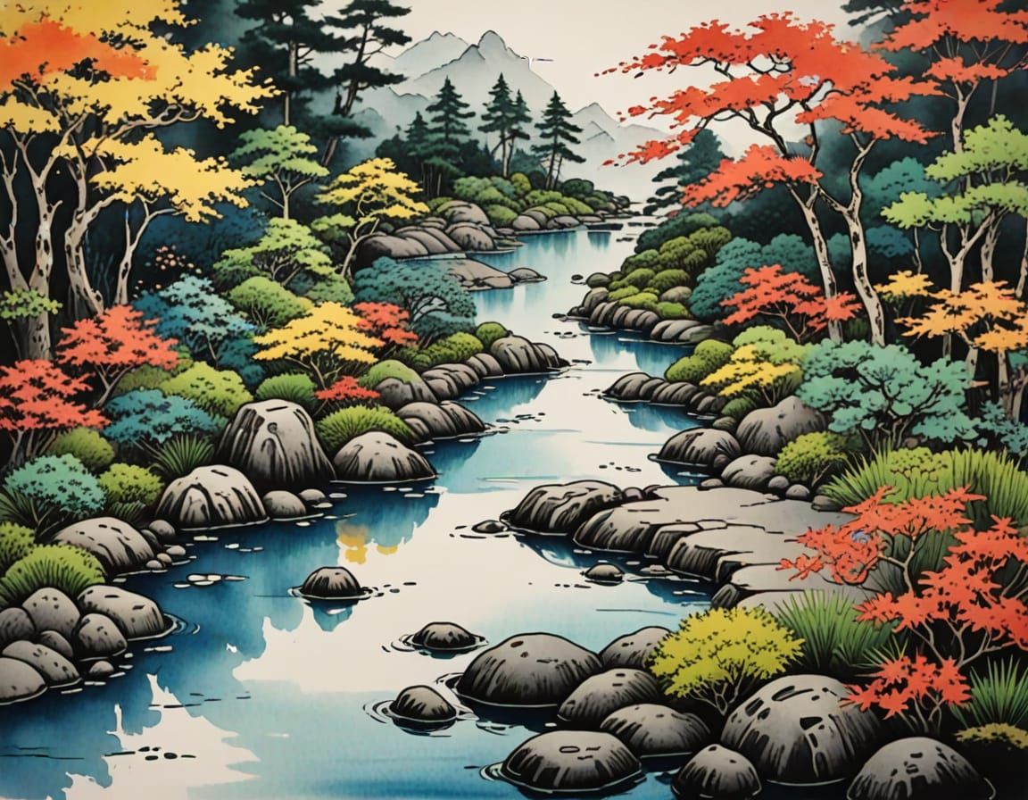 Traditional Japanese Zen Garden in Vibrant Marker Colors
