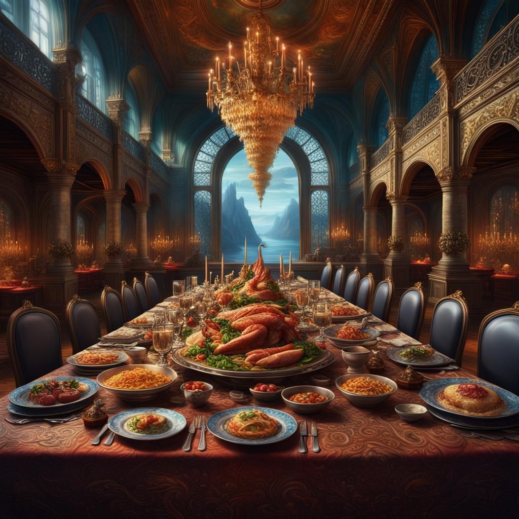 Incredible hyperdetailed Gourmet meal banquet fit for kings