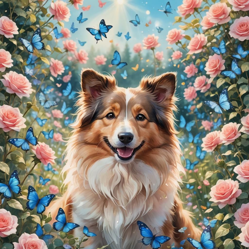 Smiling Shetland Sheepdog in Rose Field, Anime Watercolor