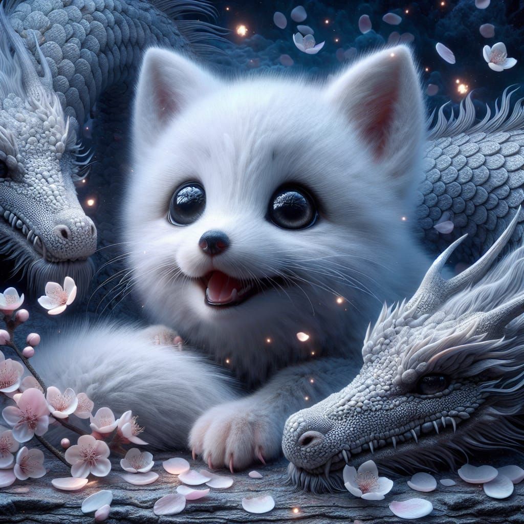 Baby Fox and Dragons in Magical Night Scene