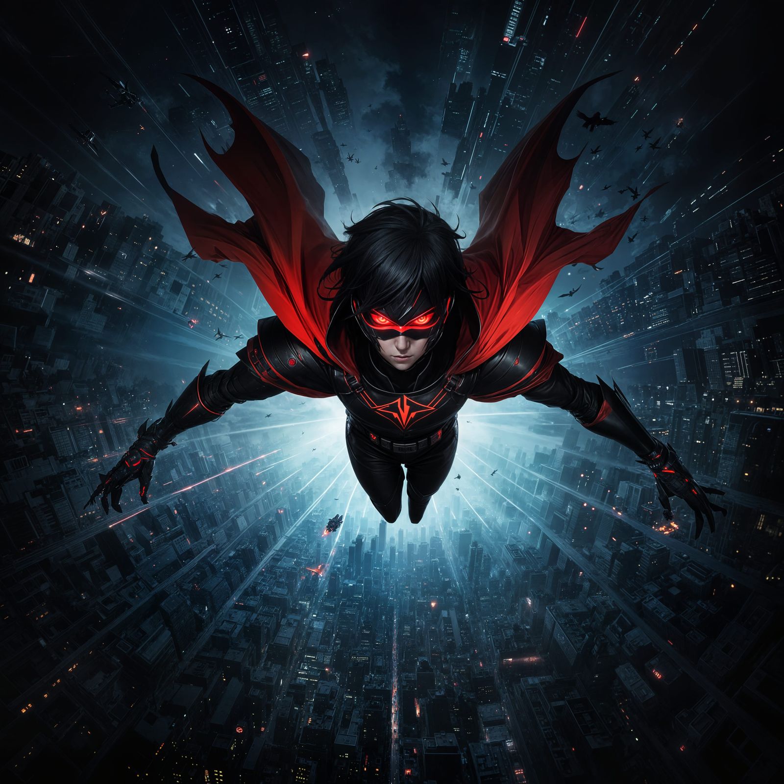 Menacing Masked Villain Over City: Anime-Inspired 3D Art