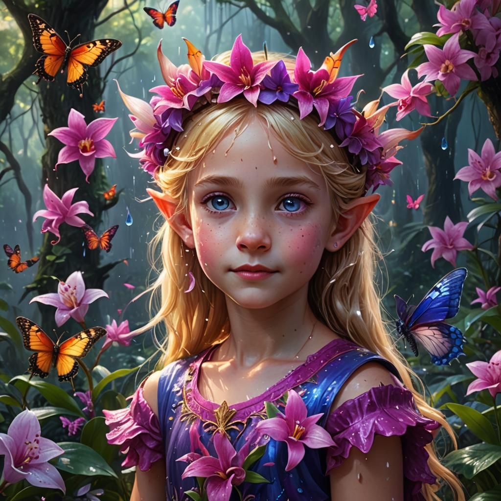 Elven Child with Butterflies in Mystical Forest