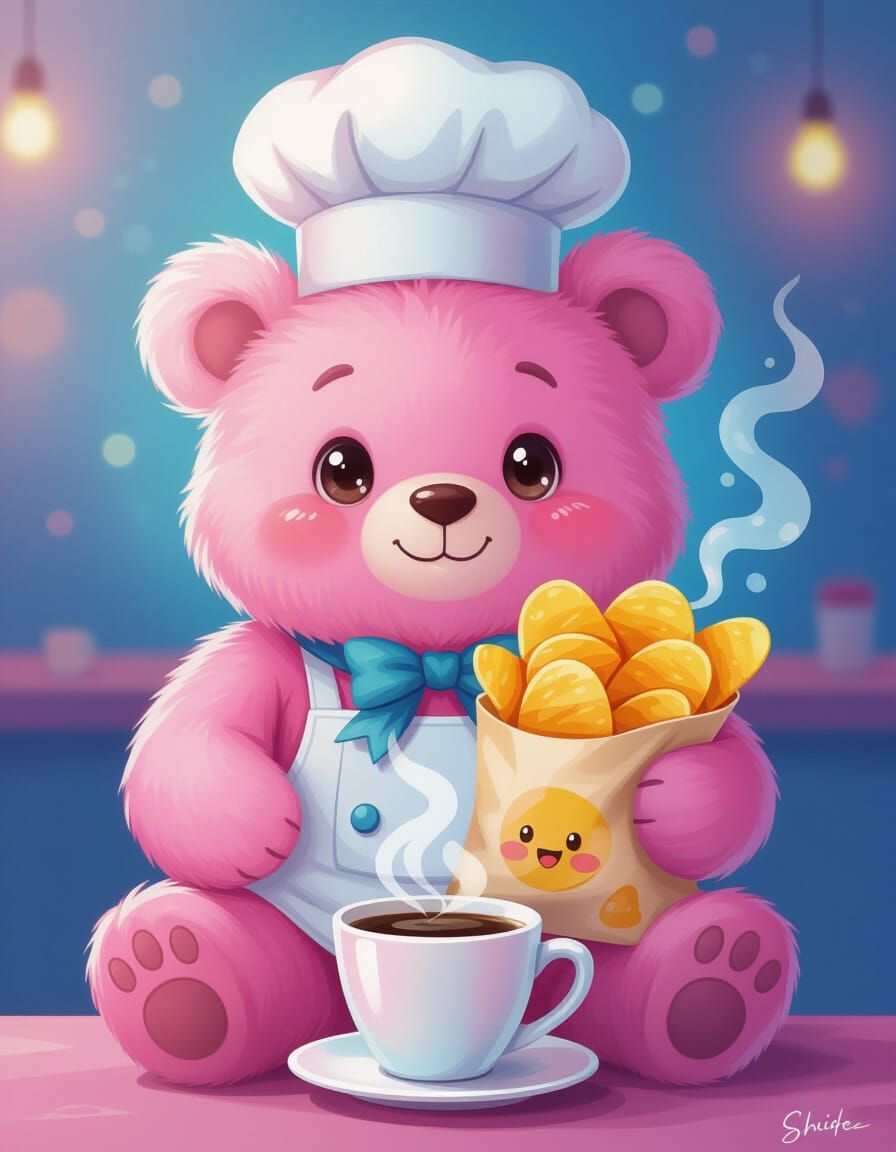 Kawaii Pink Bear Chef with Chips and Coffee