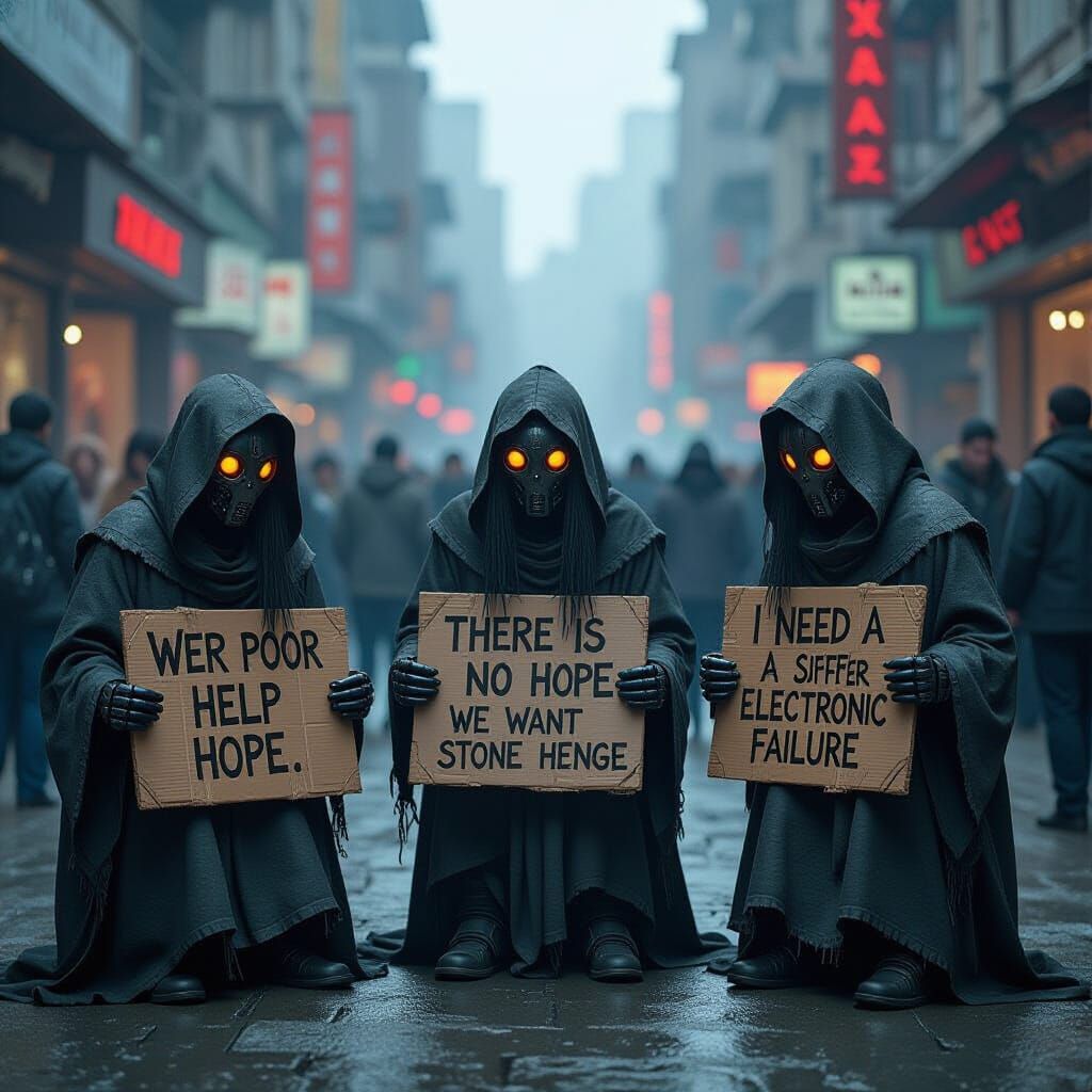 Cyberpunk Beggar Robots Protest in Misty City