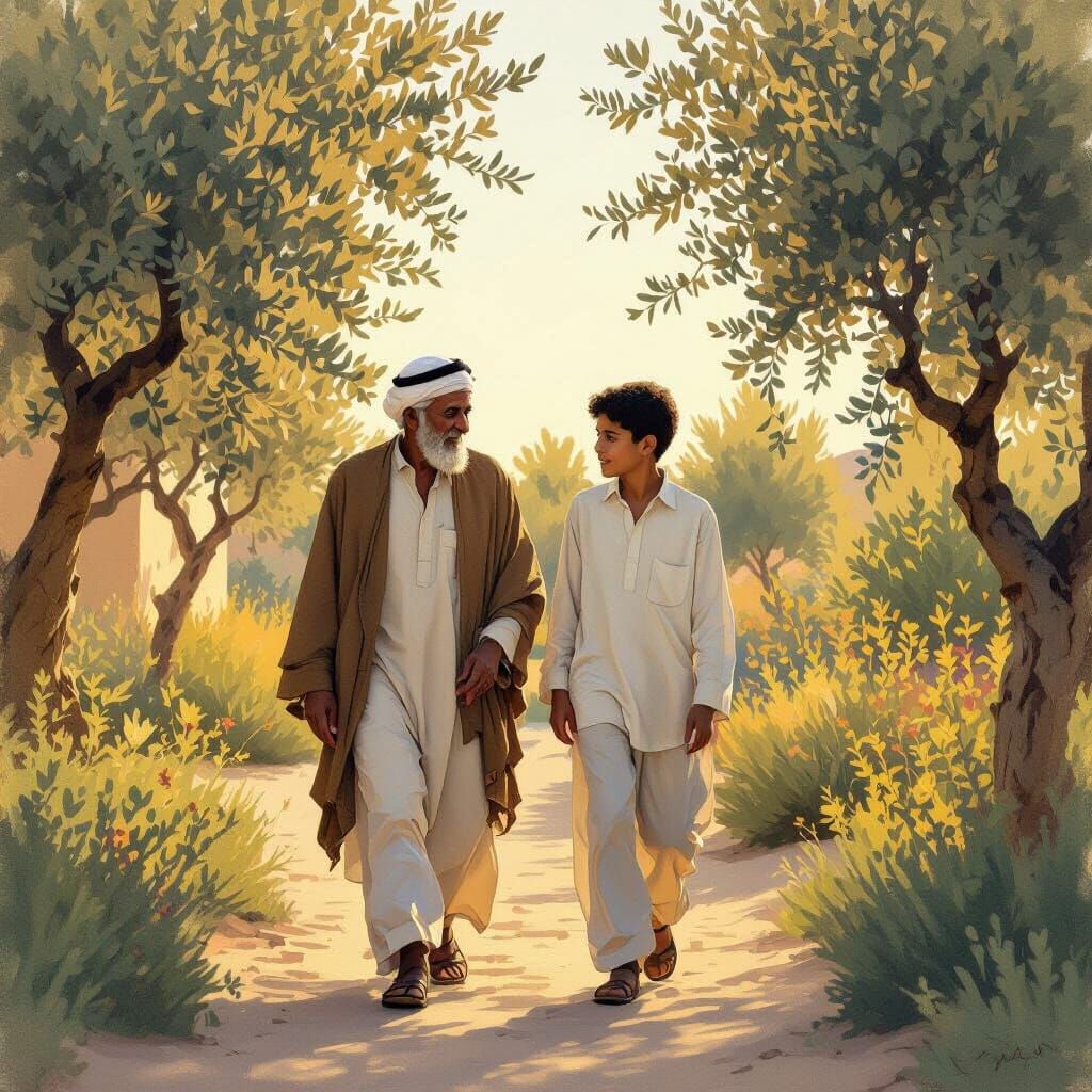 North African Father and Son in Garden, Expressive Painting