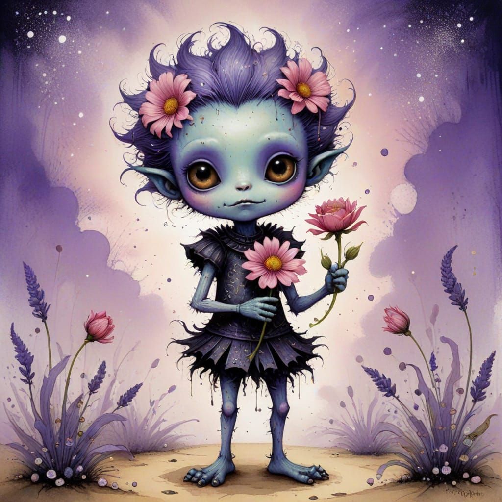Friendly Zumba Monster Offers a Flower in Ink Painting Style