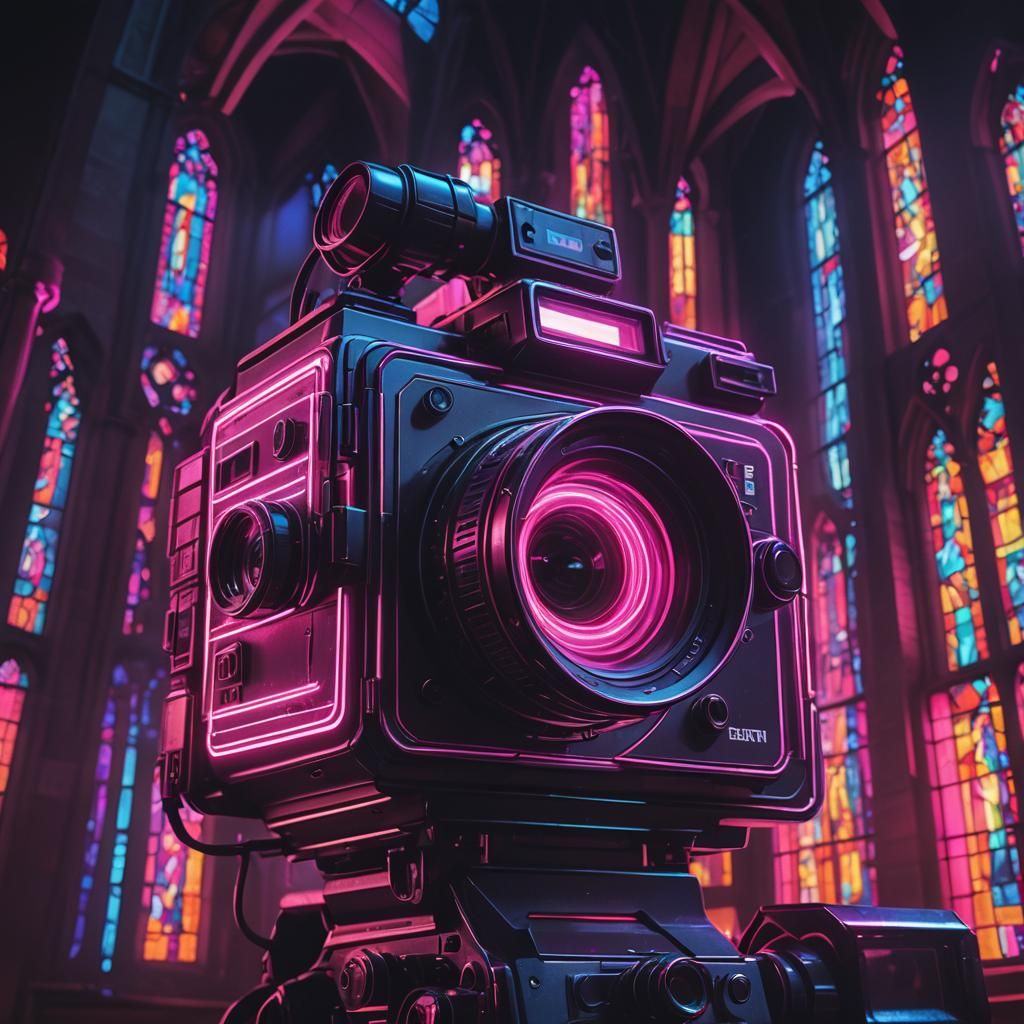 Giant Neon Video Camera Invades Church in Synthwave Style