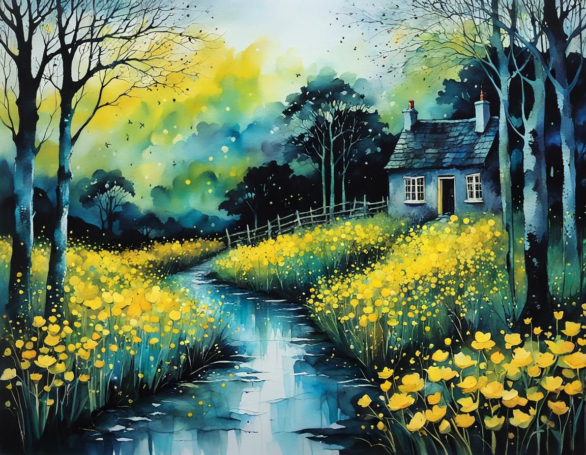 Twilight Buttercup Lane: Whimsical Alcohol Ink Illustration