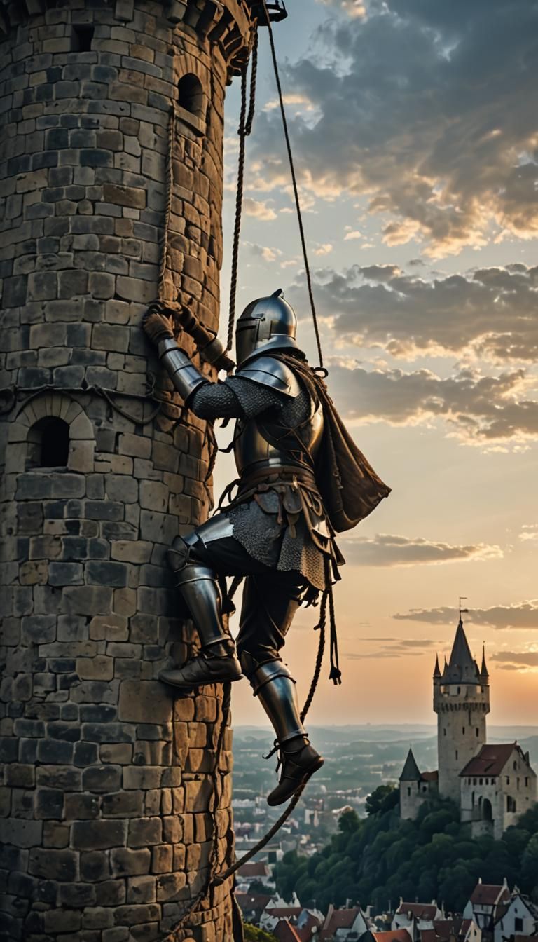 Knight Ascends Tower at Dawn