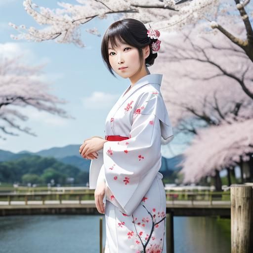Elegant White Kimono with Cherry Blossoms