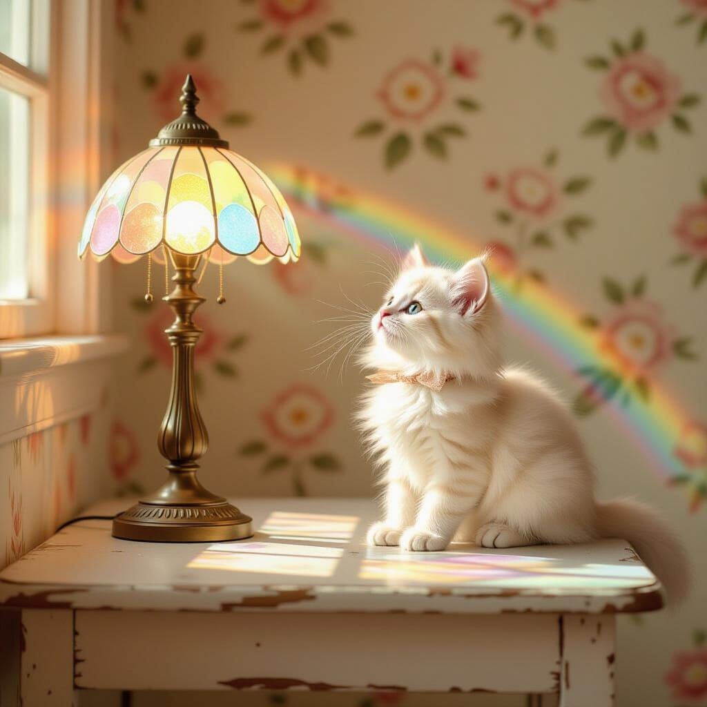 Kitten Gazing at Rainbows from Prism Lamp