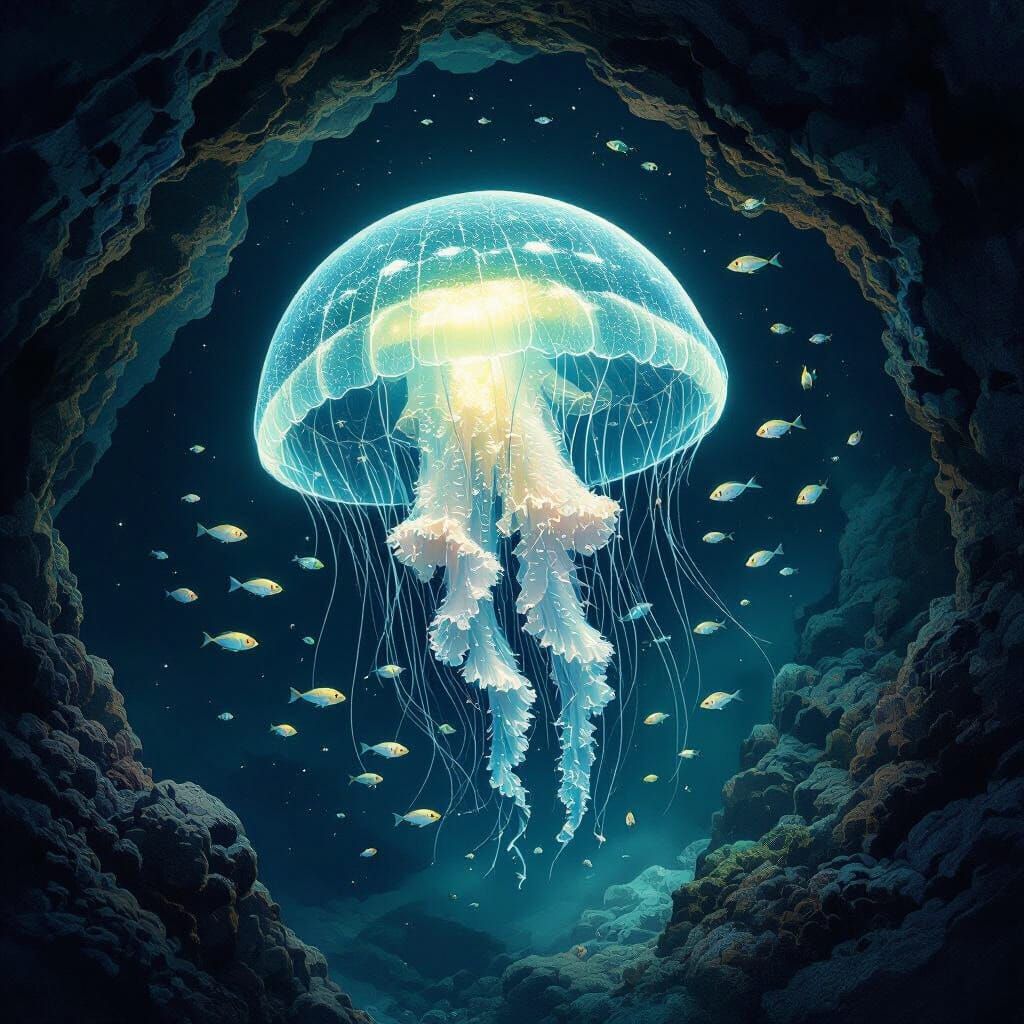 Bioluminescent Jellyfish in Deep-Sea Cave, Art Nouveau Style