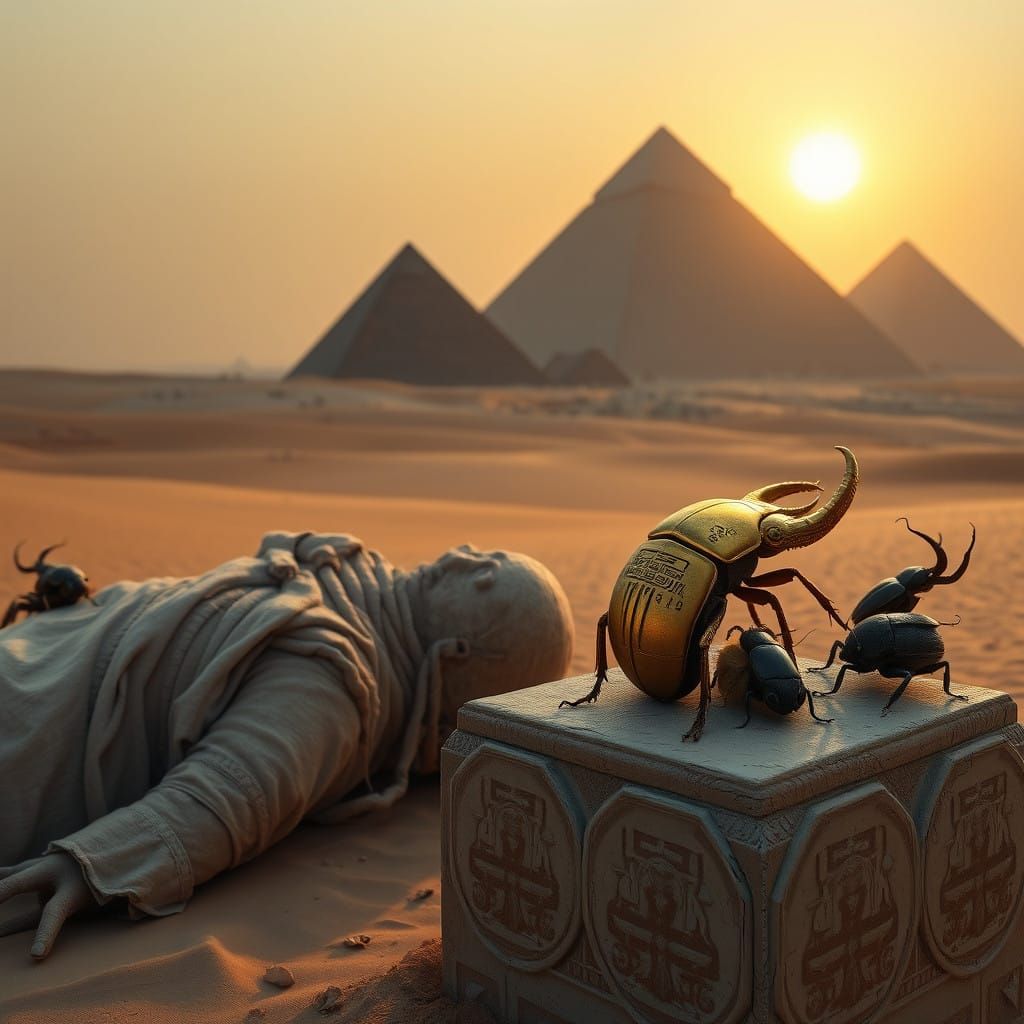 Serene Desert Landscape with Ancient Mummy and Golden Scarab...